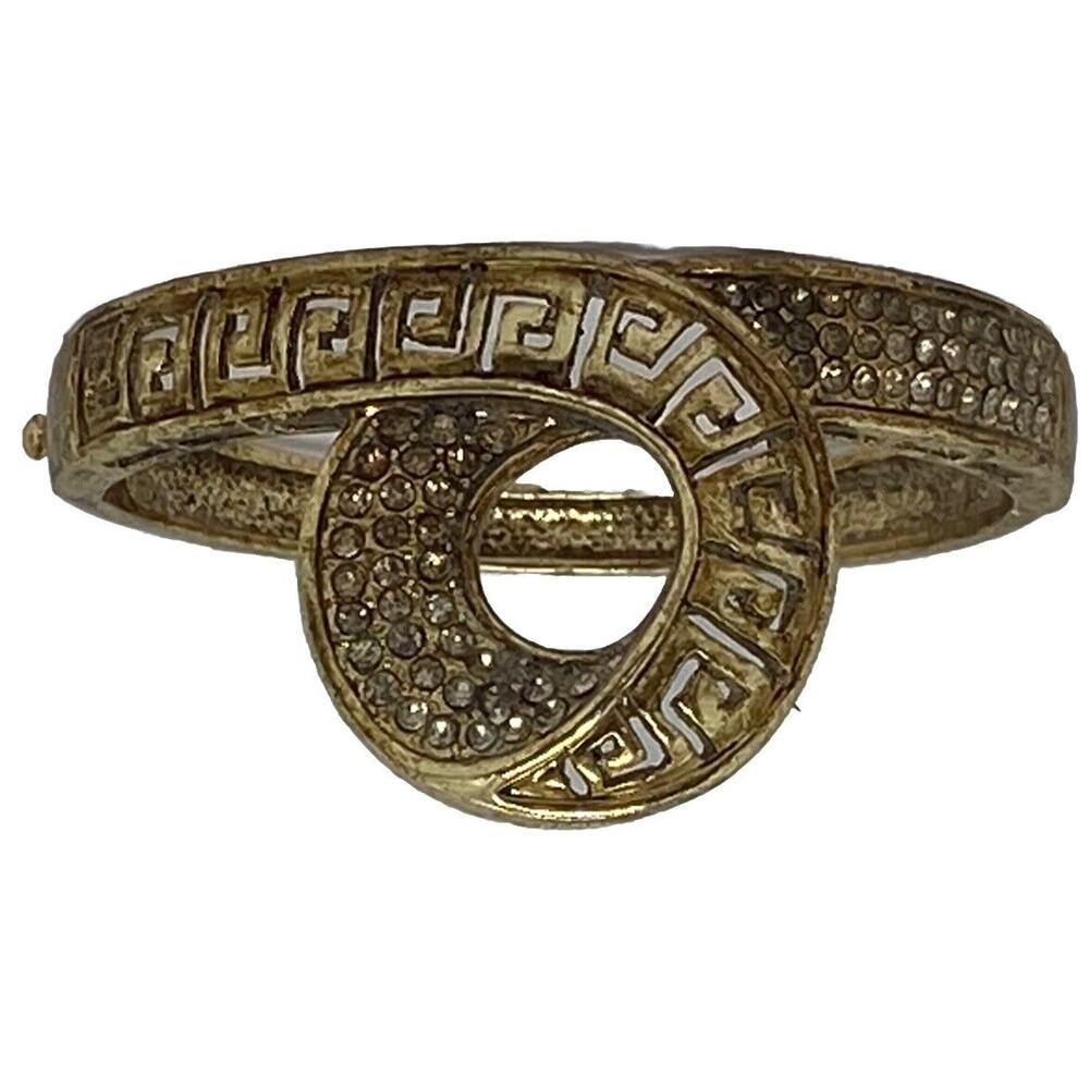 Vintage Gold Tone Bracelet White Rhinestone 9” Round Bracelet Circle Design - Picture 2 of 16